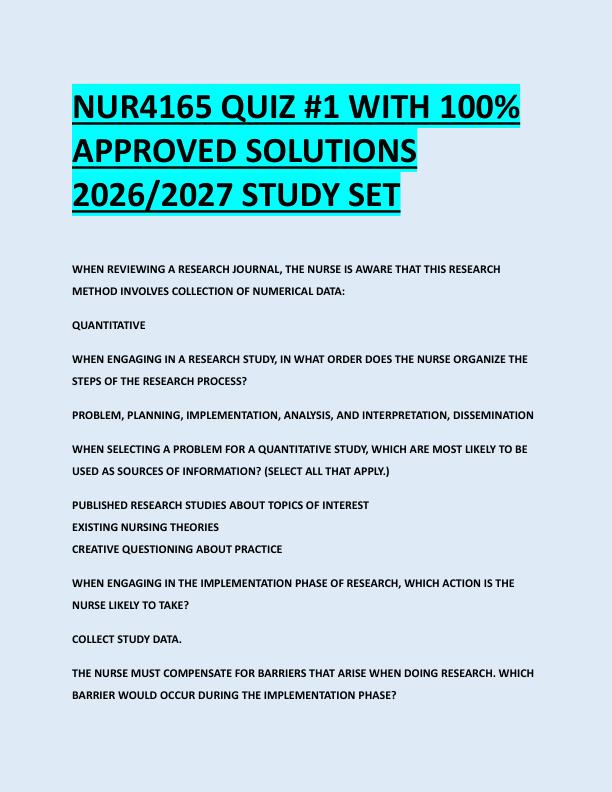 NUR4165 QUIZ #1 WITH 100%  APPROVED SOLUTIONS  2026/2027 STUDY SET