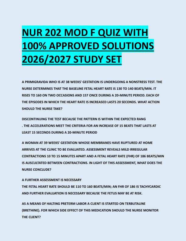 NUR 202 MOD F QUIZ WITH  100% APPROVED SOLUTIONS  2026/2027 STUDY SET 