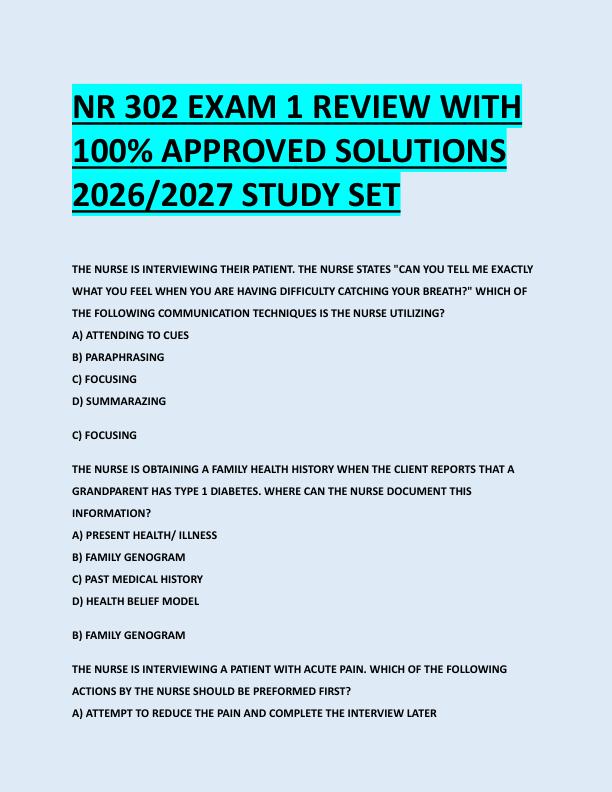 NR 302 EXAM 1 REVIEW WITH  100% APPROVED SOLUTIONS  2026/2027 STUDY SET 