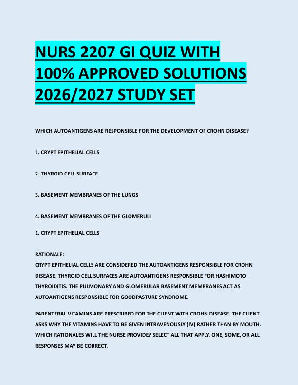 NURS 2207 GI QUIZ WITH  100% APPROVED SOLUTIONS  2026/2027 STUDY SET 