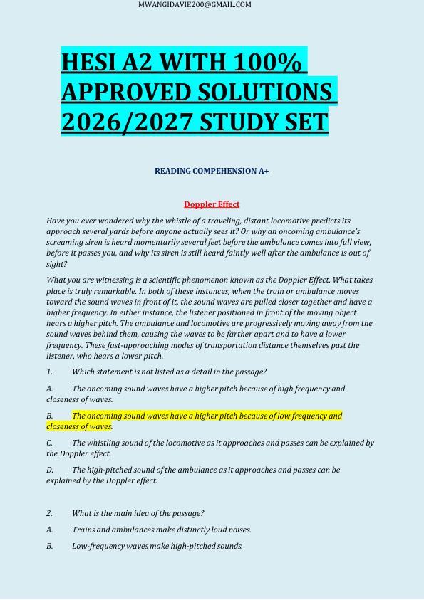 HESI A2 WITH 100%  APPROVED SOLUTIONS  2026/2027 STUDY SET