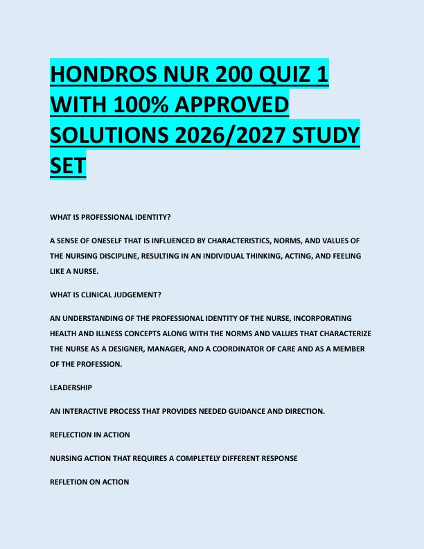 HONDROS NUR 200 QUIZ 1  WITH 100% APPROVED  SOLUTIONS 2026/2027 STUDY  SET 