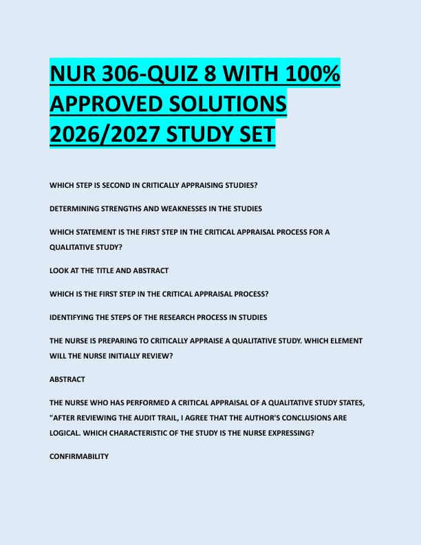 NUR 306-QUIZ 8 WITH 100%  APPROVED SOLUTIONS  2026/2027 STUDY SET