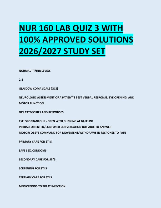 NUR 160 LAB QUIZ 3 WITH  100% APPROVED SOLUTIONS  2026/2027 STUDY SET 