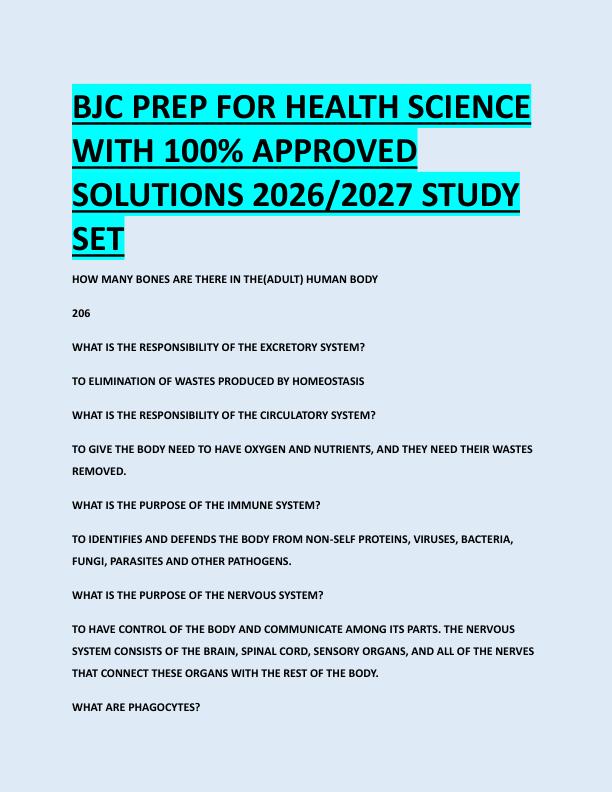 BJC PREP FOR HEALTH SCIENCE  WITH 100% APPROVED  SOLUTIONS 2026/2027 STUDY  SET 