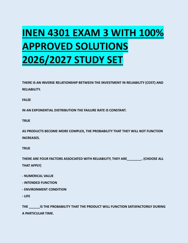 INEN 4301 EXAM 3 WITH 100%  APPROVED SOLUTIONS  2026/2027 STUDY SET