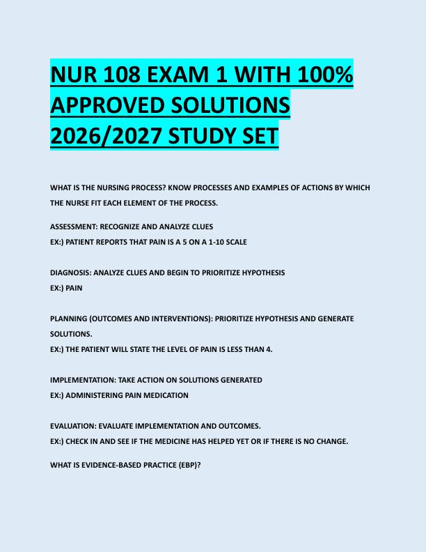 NUR 108 EXAM 1 WITH 100%  APPROVED SOLUTIONS  2026/2027 STUDY SET 