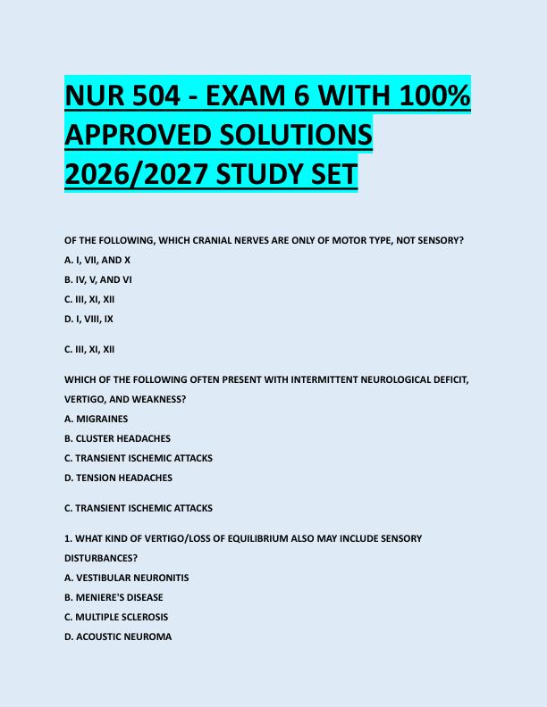 NUR 504 - EXAM 6 WITH 100%  APPROVED SOLUTIONS  2026/2027 STUDY SET