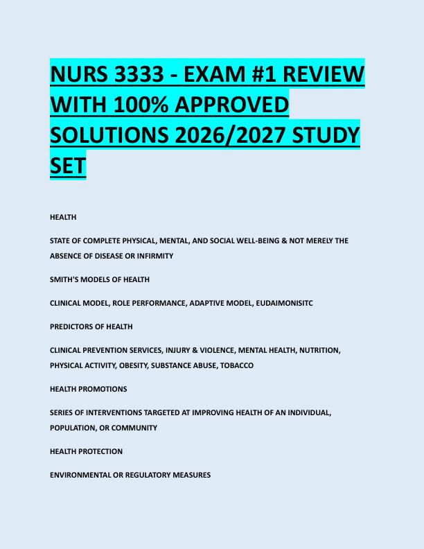 NURS 3333 - EXAM #1 REVIEW  WITH 100% APPROVED  SOLUTIONS 2026/2027 STUDY  SET 