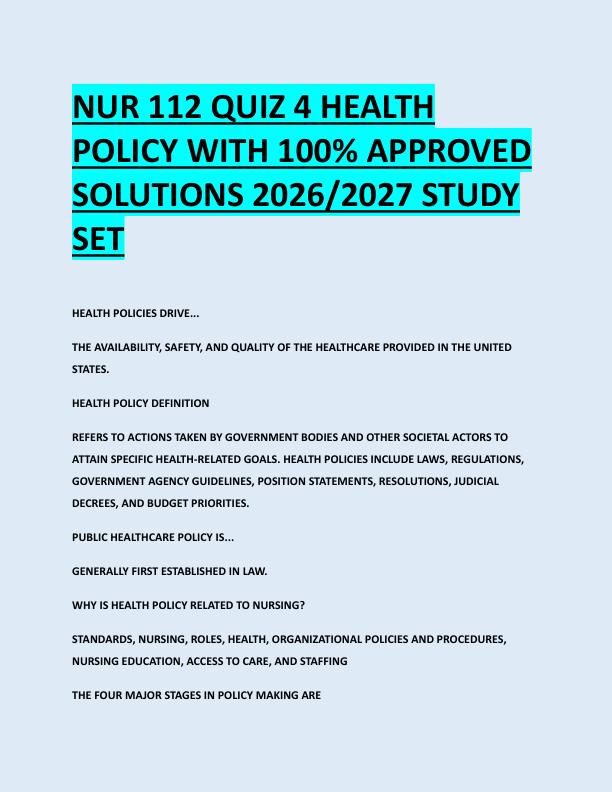NUR 112 QUIZ 4 HEALTH  POLICY WITH 100% APPROVED  SOLUTIONS 2026/2027 STUDY  SET 