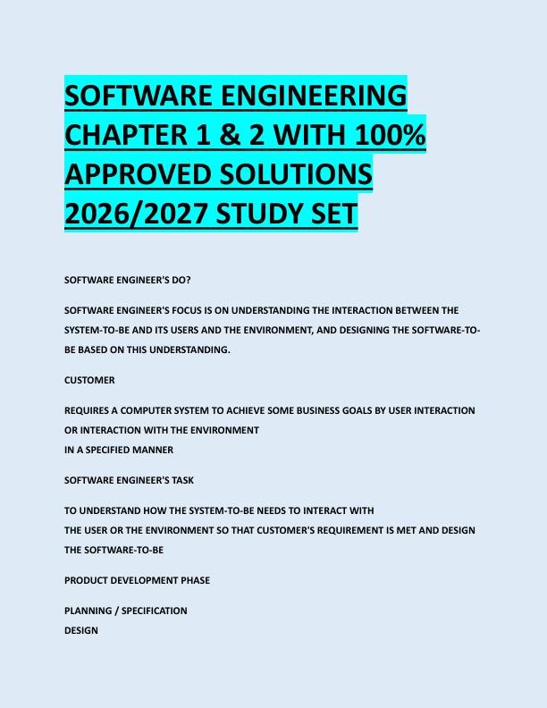 SOFTWARE ENGINEERING  CHAPTER 1 & 2 WITH 100%  APPROVED SOLUTIONS  2026/2027 STUDY SET 