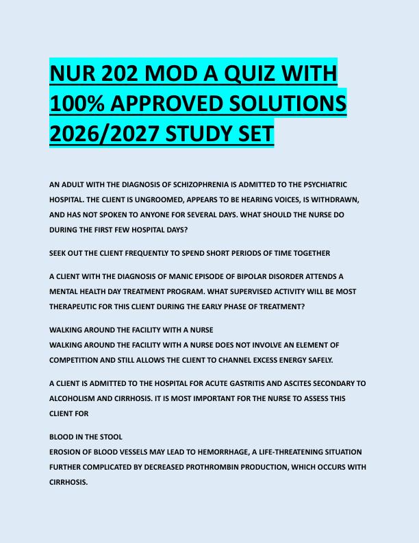 NUR 202 MOD A QUIZ WITH  100% APPROVED SOLUTIONS  2026/2027 STUDY SET 
