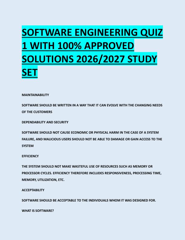 SOFTWARE ENGINEERING QUIZ  1 WITH 100% APPROVED  SOLUTIONS 2026/2027 STUDY  SET 