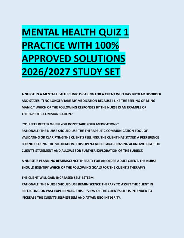 MENTAL HEALTH QUIZ 1  PRACTICE WITH 100%  APPROVED SOLUTIONS  2026/2027 STUDY SET 