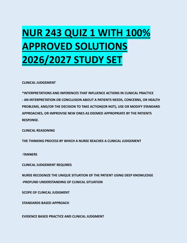 NUR 243 QUIZ 1 WITH 100%  APPROVED SOLUTIONS  2026/2027 STUDY SET 