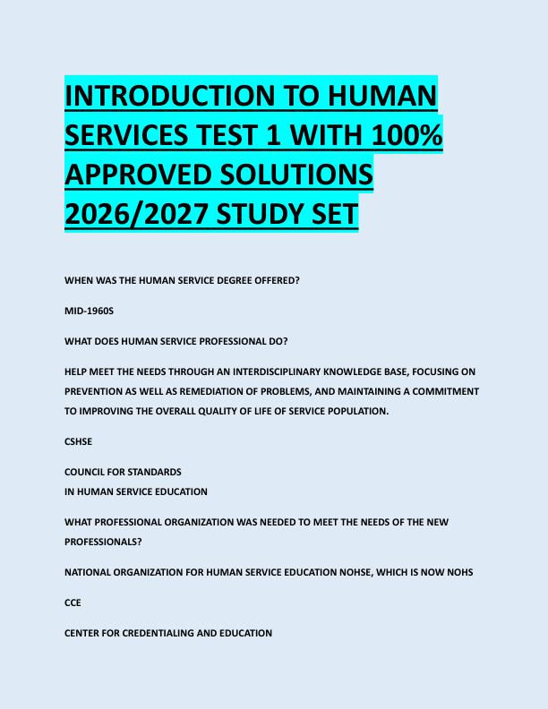 INTRODUCTION TO HUMAN  SERVICES TEST 1 WITH 100%  APPROVED SOLUTIONS  2026/2027 STUDY SET 
