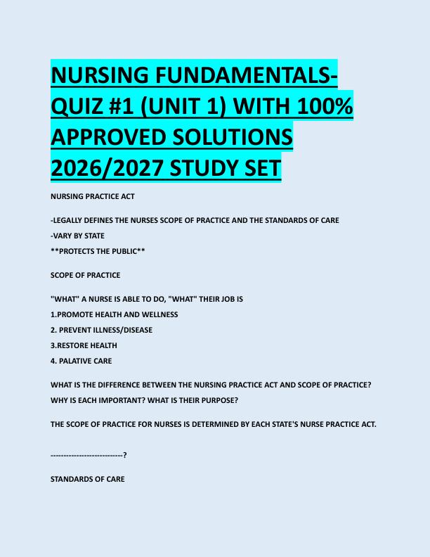 NURSING FUNDAMENTALS QUIZ #1 (UNIT 1) WITH 100%  APPROVED SOLUTIONS  2026/2027 STUDY SET