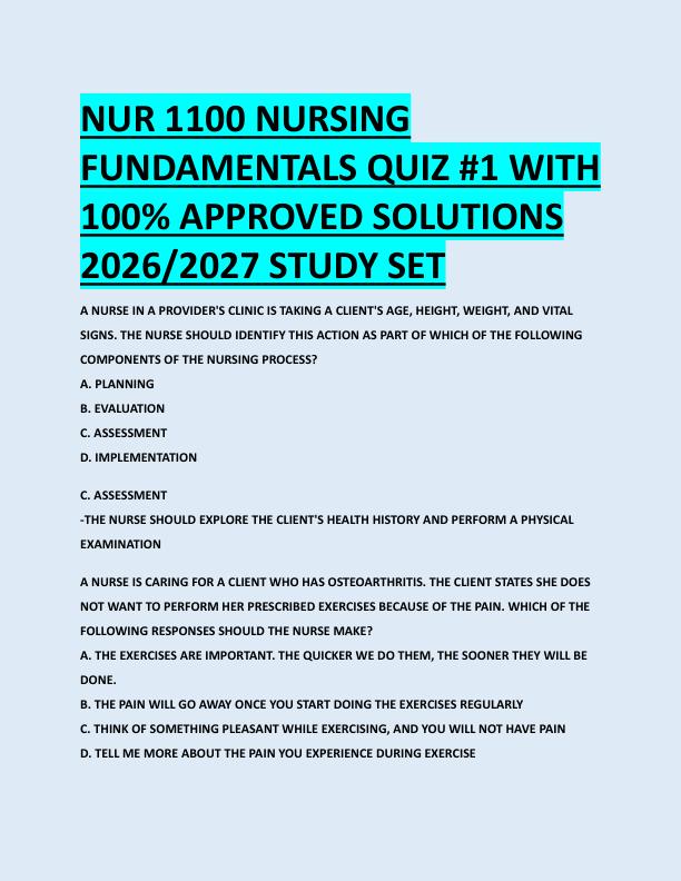 NUR 1100 NURSING  FUNDAMENTALS QUIZ #1 WITH  100% APPROVED SOLUTIONS  2026/2027 STUDY SET