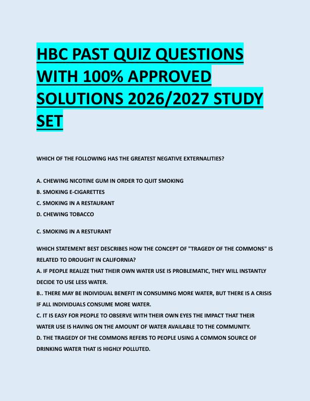 HBC PAST QUIZ QUESTIONS  WITH 100% APPROVED  SOLUTIONS 2026/2027 STUDY  SET 