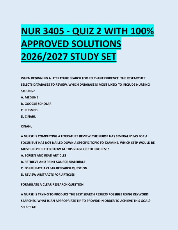 NUR 3405 - QUIZ 2 WITH 100%  APPROVED SOLUTIONS  2026/2027 STUDY SET