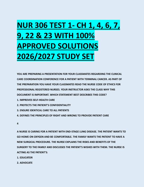 NUR 306 TEST 1- CH 1, 4, 6, 7,  9, 22 & 23 WITH 100%  APPROVED SOLUTIONS  2026/2027 STUDY SET 