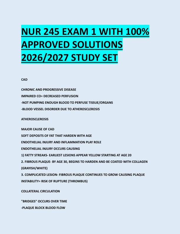 NUR 245 EXAM 1 WITH 100%  APPROVED SOLUTIONS  2026/2027 STUDY SET 