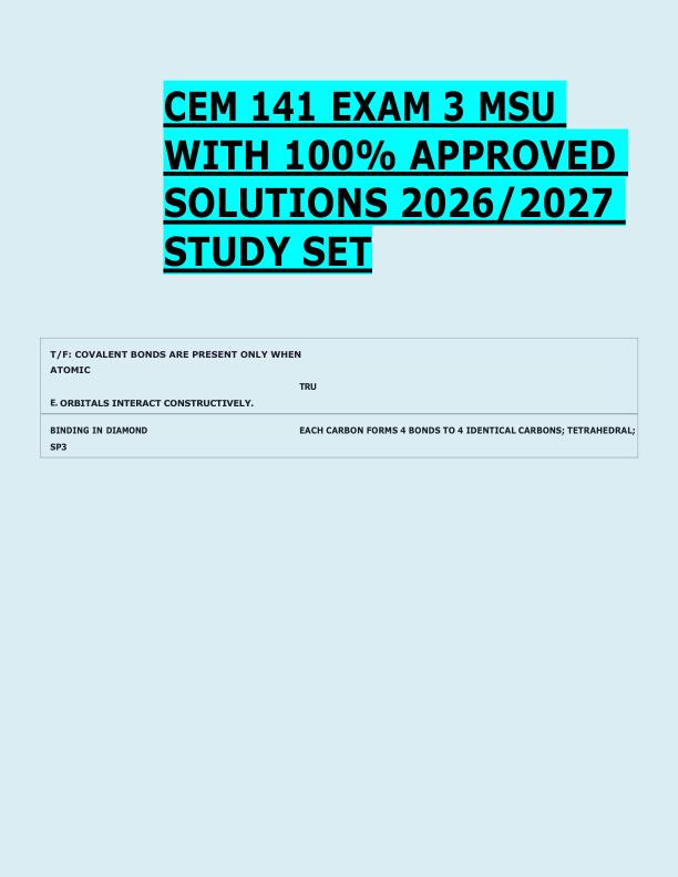 CEM 141 EXAM 3 MSU  WITH 100% APPROVED  SOLUTIONS 2026/2027  STUDY SET