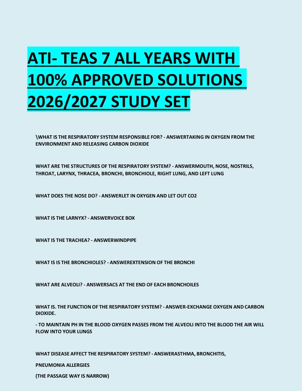 ATI- TEAS 7 ALL YEARS WITH  100% APPROVED SOLUTIONS  2026/2027 STUDY SET 