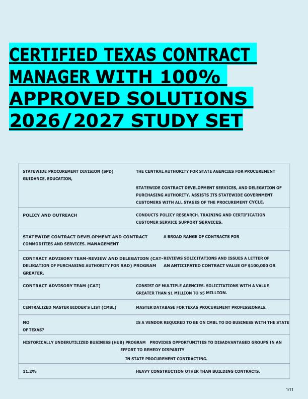 CERTIFIED TEXAS CONTRACT  MANAGER WITH 100%  APPROVED SOLUTIONS  2026/2027 STUDY SET