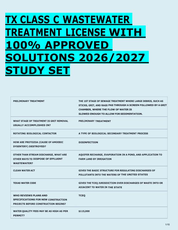 TX CLASS C WASTEWATER  TREATMENT LICENSE WITH  100% APPROVED  SOLUTIONS 2026/2027  STUDY SET 
