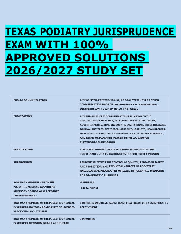 TEXAS PODIATRY JURISPRUDENCE  EXAM WITH 100%  APPROVED SOLUTIONS  2026/2027 STUDY SET