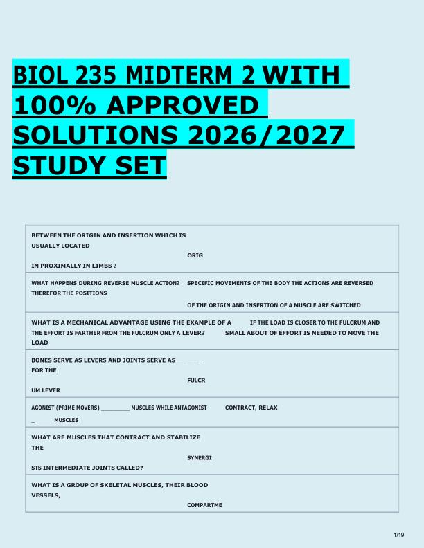 BIOL 235 MIDTERM 2 WITH  100% APPROVED  SOLUTIONS 2026/2027  STUDY SET