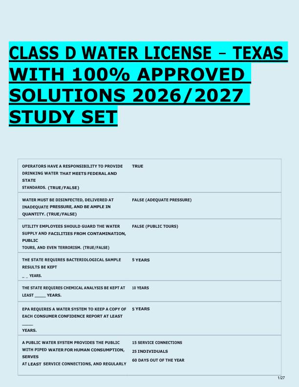 CLASS D WATER LICENSE – TEXAS  WITH 100% APPROVED  SOLUTIONS 2026/2027  STUDY SET