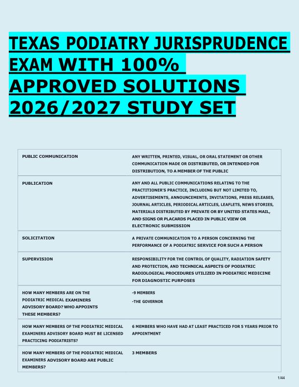 TEXAS PODIATRY JURISPRUDENCE  EXAM WITH 100%  APPROVED SOLUTIONS  2026/2027 STUDY SET