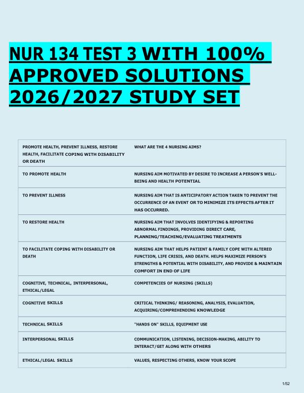 NUR 134 TEST 3 WITH 100%  APPROVED SOLUTIONS  2026/2027 STUDY SET