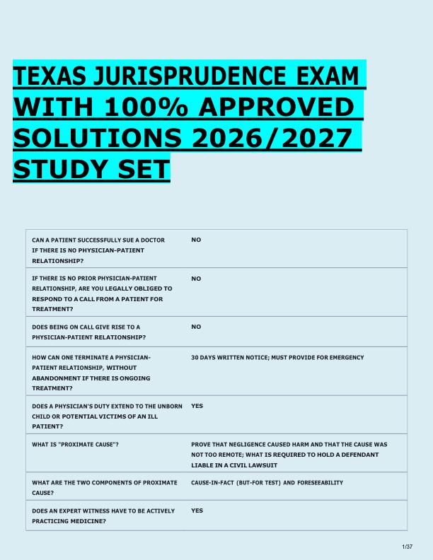TEXAS JURISPRUDENCE EXAM  WITH 100% APPROVED  SOLUTIONS 2026/2027  STUDY SET