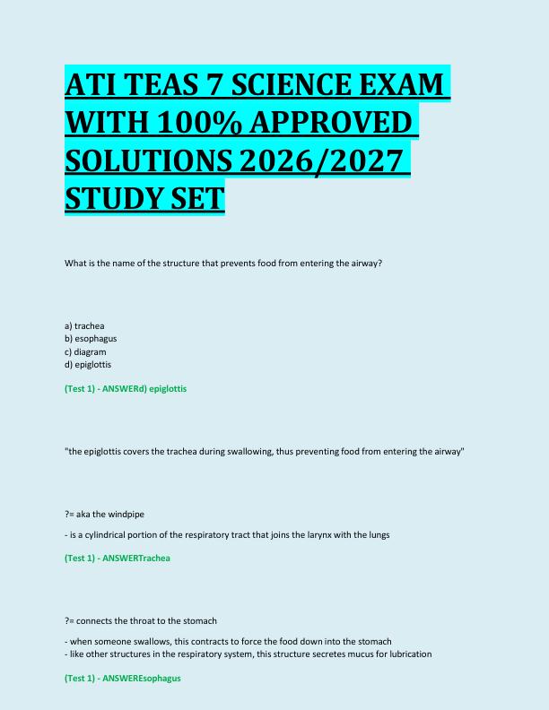ATI TEAS 7 SCIENCE EXAM  WITH 100% APPROVED  SOLUTIONS 2026/2027  STUDY SET