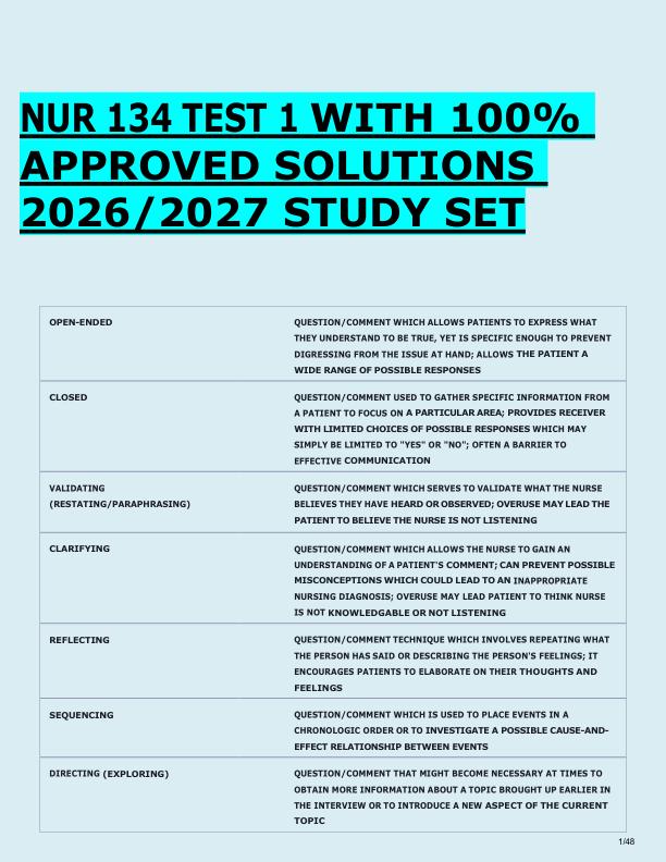 NUR 134 TEST 1 WITH 100%  APPROVED SOLUTIONS  2026/2027 STUDY SET