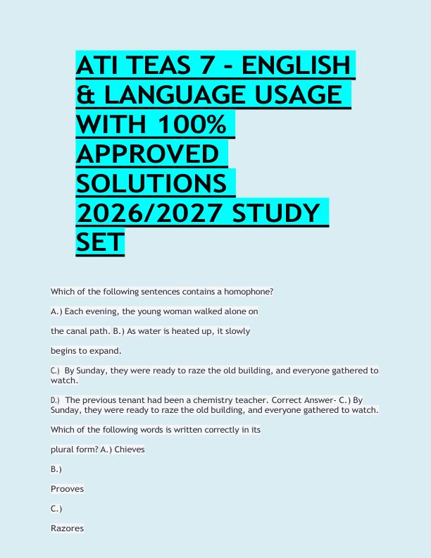ATI TEAS 7 - ENGLISH  & LANGUAGE USAGE  WITH 100%  APPROVED  SOLUTIONS  2026/2027 STUDY  SET