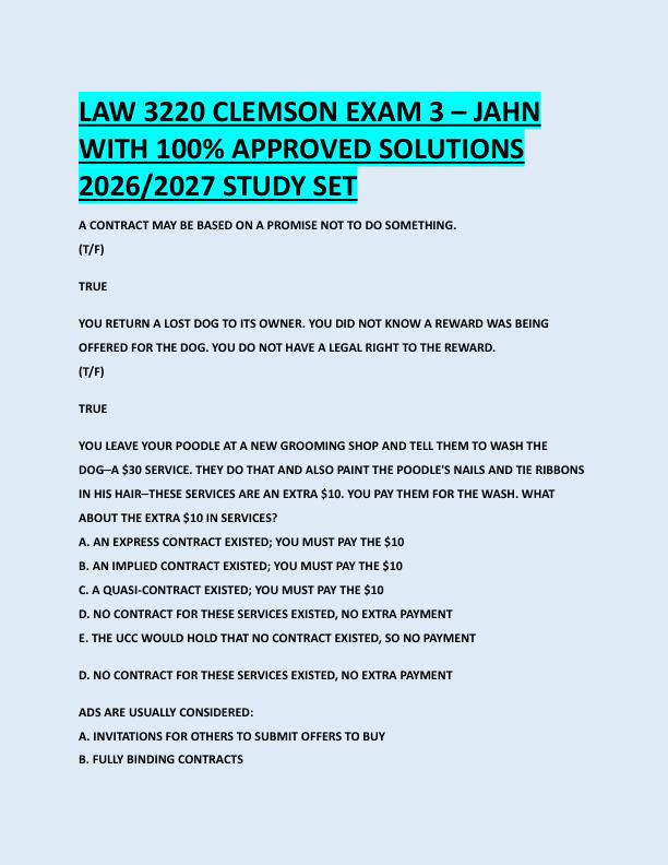 LAW 3220 CLEMSON EXAM 3 – JAHN  WITH 100% APPROVED SOLUTIONS  2026/2027 STUDY SET 