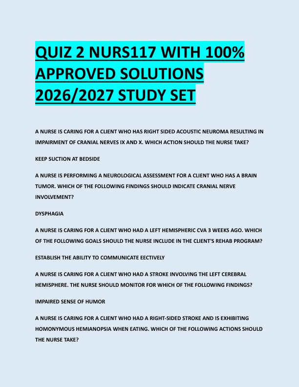 QUIZ 2 NURS117 WITH 100%  APPROVED SOLUTIONS  2026/2027 STUDY SET 