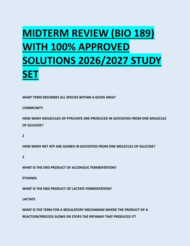 MIDTERM REVIEW (BIO 189)  WITH 100% APPROVED  SOLUTIONS 2026/2027 STUDY  SET 