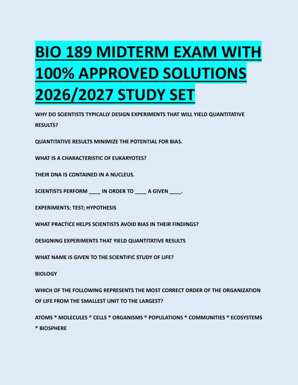 BIO 189 MIDTERM EXAM WITH  100% APPROVED SOLUTIONS  2026/2027 STUDY SET