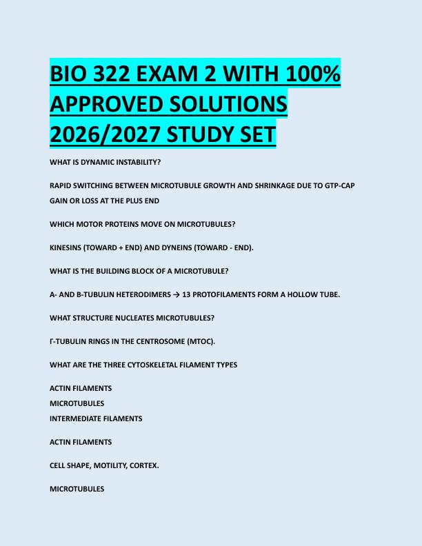 BIO 322 EXAM 2 WITH 100%  APPROVED SOLUTIONS  2026/2027 STUDY SET