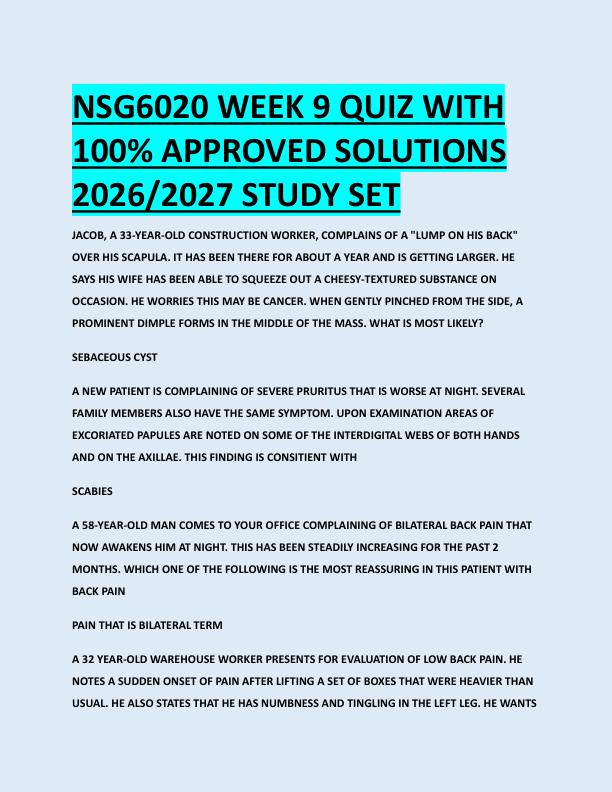 NSG6020 WEEK 9 QUIZ WITH  100% APPROVED SOLUTIONS  2026/2027 STUDY SETNSG6020 WEEK 9 QUIZ WITH  100% APPROVED SOLUTIONS  2026/2027 STUDY SET