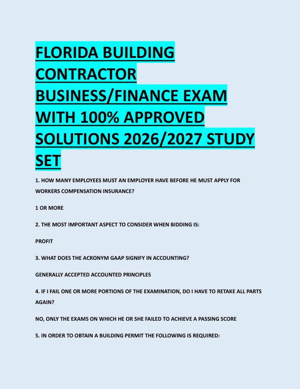 FLORIDA BUILDING  CONTRACTOR  BUSINESS/FINANCE EXAM  WITH 100% APPROVED  SOLUTIONS 2026/2027 STUDY  SET