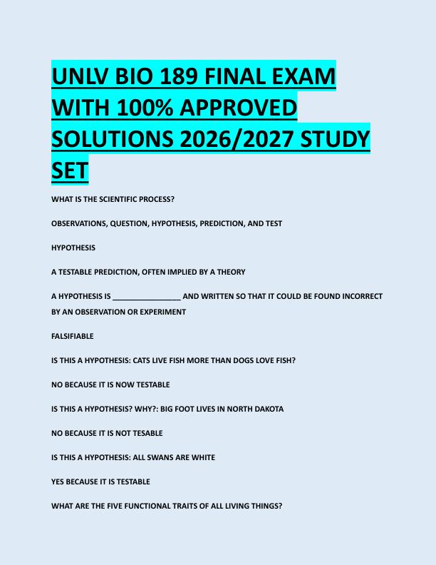 UNLV BIO 189 FINAL EXAM  WITH 100% APPROVED  SOLUTIONS 2026/2027 STUDY  SET