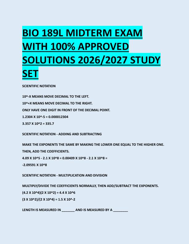 BIO 189L MIDTERM EXAM  WITH 100% APPROVED  SOLUTIONS 2026/2027 STUDY  SET 