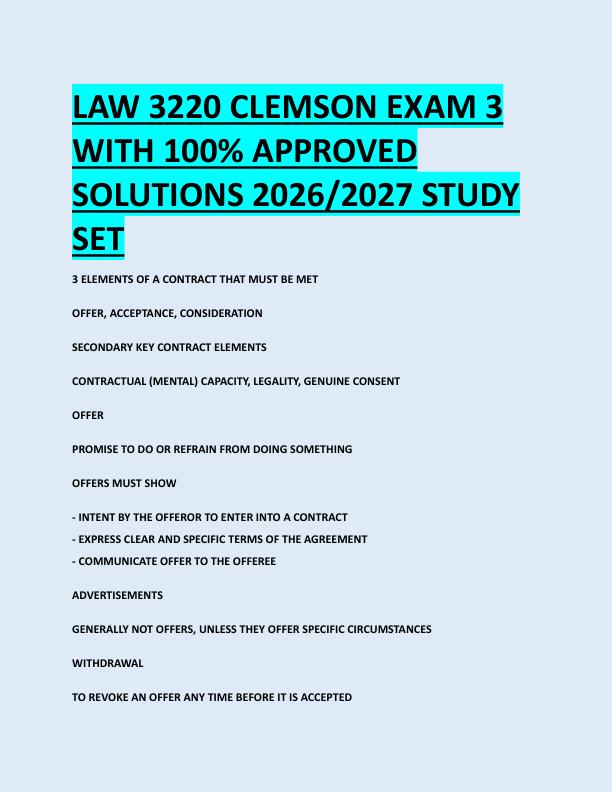 LAW 3220 CLEMSON EXAM 3  WITH 100% APPROVED  SOLUTIONS 2026/2027 STUDY  SET 