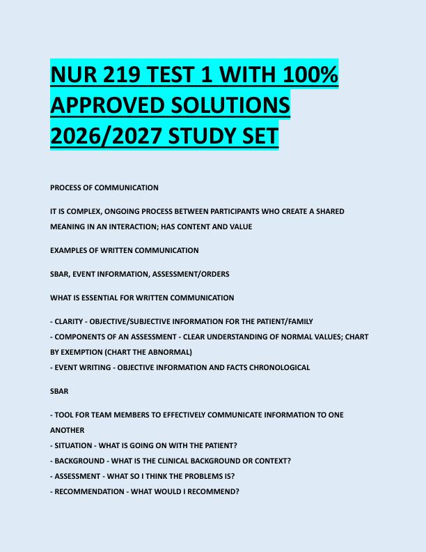 NUR 219 TEST 1 WITH 100%  APPROVED SOLUTIONS  2026/2027 STUDY SET 
